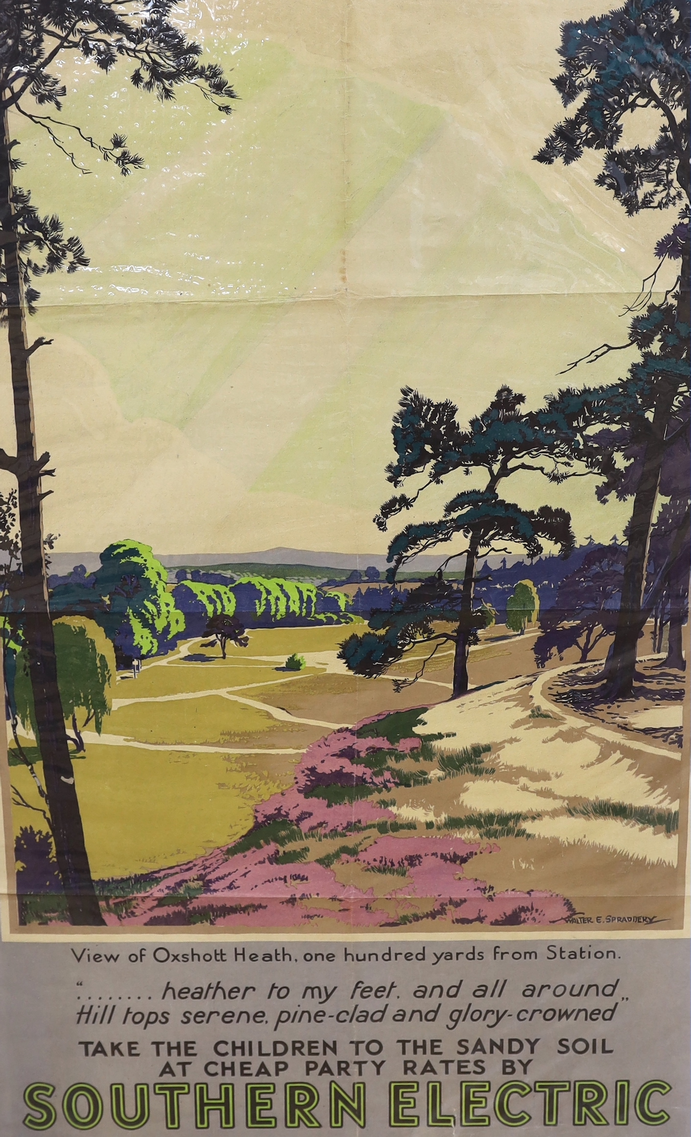 Walter Ernest Spradbery (1889-1969), lithographic poster for Southern Railways, 'Oxshott Heath, 100 yards from station. Take the children to the sandy soil at cheap party rates by Southern Electric', 1932, 101.5 x 63cm,